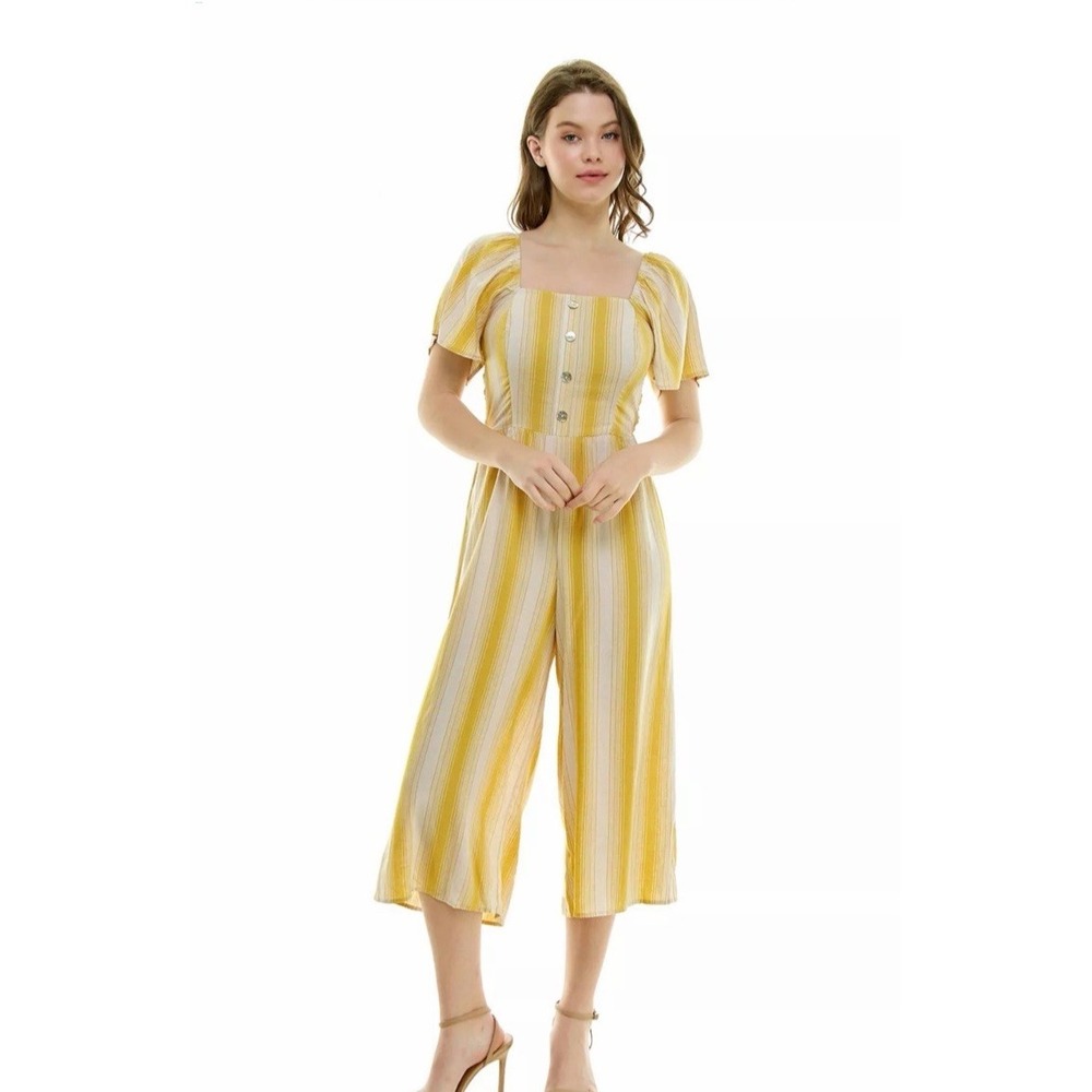 Luxology NWT Cropped Women's Jumpsuit Size L Yellow White Stripe Linen Blend